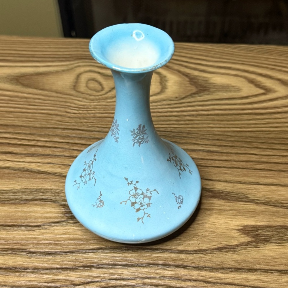Vintage/Old Pottery Vase Light Blue with Gold Design 5.5” Tall